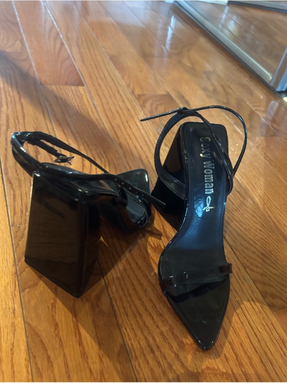 Black Patent Ankle-Strap Sculpted Heel Sandals